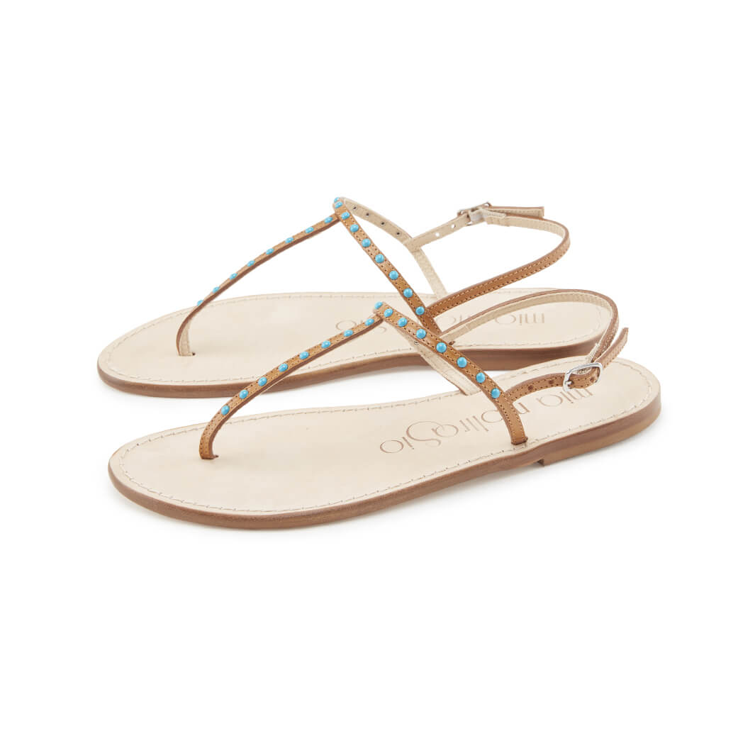 Turquoise Studded Leather Flip Flops