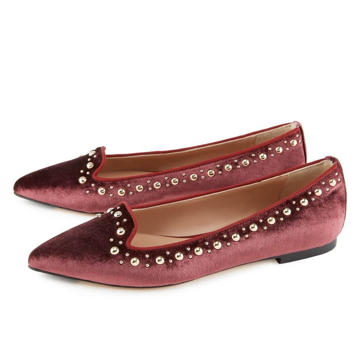Burgundy Velvet Loafers with Studs